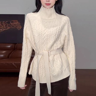 冬季高级高领毛衣系带收腰麻花针织衫女慵懒时尚宽松软糯内搭上衣