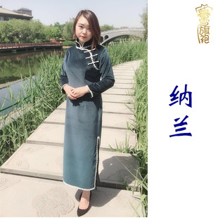 暮雪旗袍宋美龄同款纳兰纯棉植绒蕾丝花边民国复古前开襟长款长袖