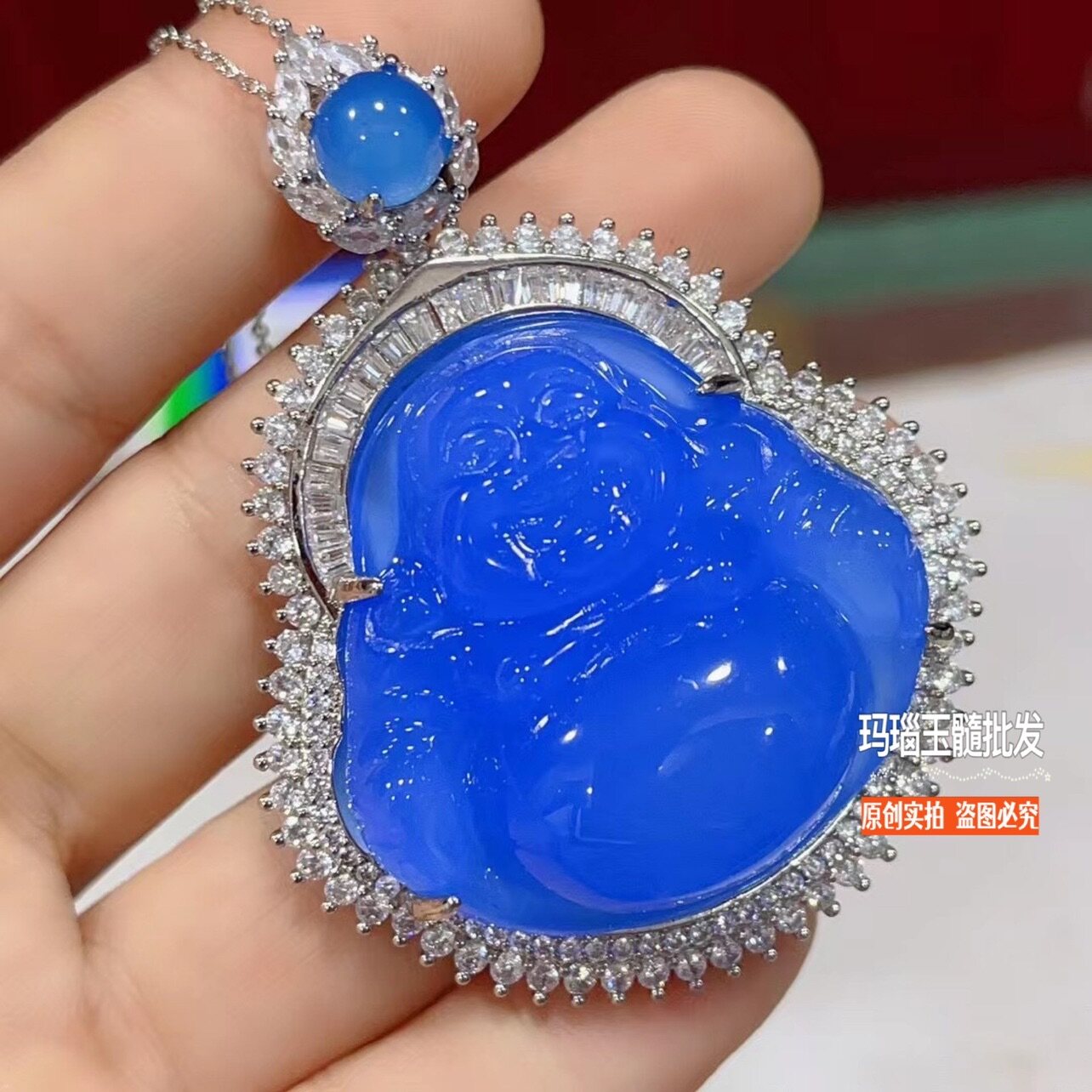 冰种蓝玉髓佛公吊坠克莱因蓝玛瑙玉佛项链挂件直播间同款本命年坠