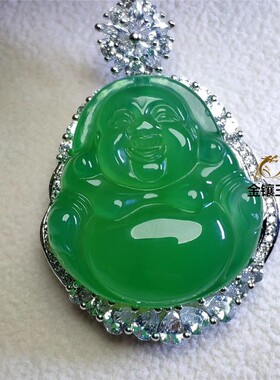 玉髓镀银翡翠帝王绿色佛公吊坠