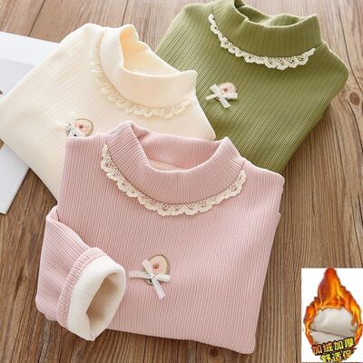 女童加绒加厚打底衫中大童半高领一体绒外穿上衣女孩高弹百搭T恤