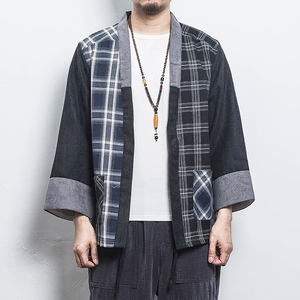白墙夏装风拼接撞色格子开衫汉服T恤男A032/1822/特P40