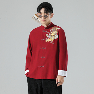 白墙 风春装男士胸前龙刺绣长袖衬衫红 A032/C26/65控78图片