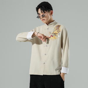 白墙 风春装男士胸前龙刺绣长袖衬衫黑色  A032/C26/65控78图片