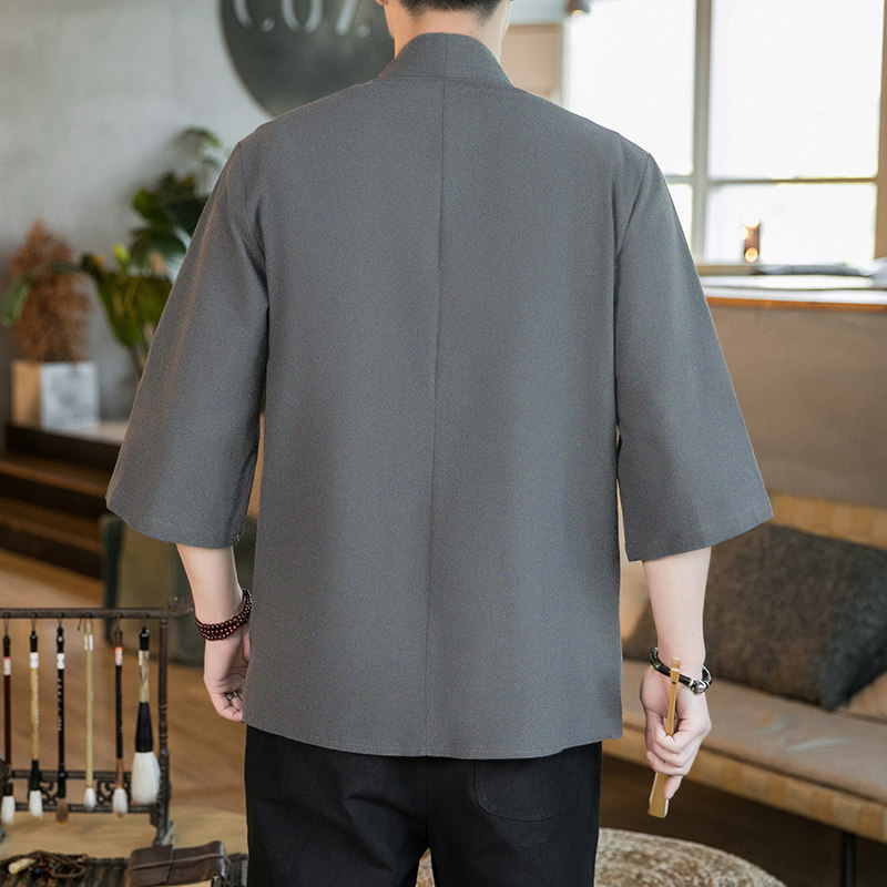 咖啡厅夏季风纯色汉服开衫灰色七分袖铜钱道袍A032/KS006/60,男装衬衫,电商A032