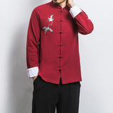 白墙风春装男士胸前鹤刺绣长袖衬衫黑色A032/C22/55控68，男装衬衫，电商A032