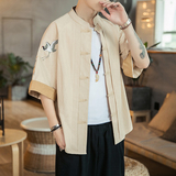 咖啡厅风男士短袖衬衫仙鹤刺绣衬衣卡其A032/DS003/50控68，男装衬衫，电商A032