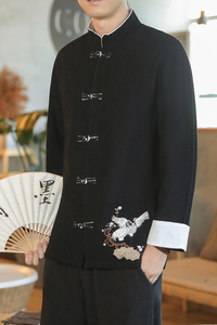 咖啡厅 风春装男士衣脚鹤刺绣长袖衬衫黑色  A032/C25/65控78图片
