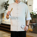 2022风男士撞色扣子复古七分短袖衬衫麻本色A032/C62/55控68，男装衬衫，电商A032