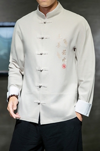 W基地风春装男士上善若水刺绣长袖衬衫麻米色A032/C21/55控68图片