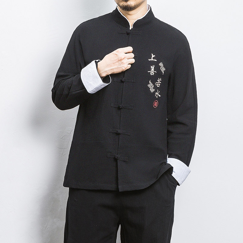 白墙风春装男士上善若水刺绣长袖衬衫红A032/C21/55控68,男装衬衫,电商A032