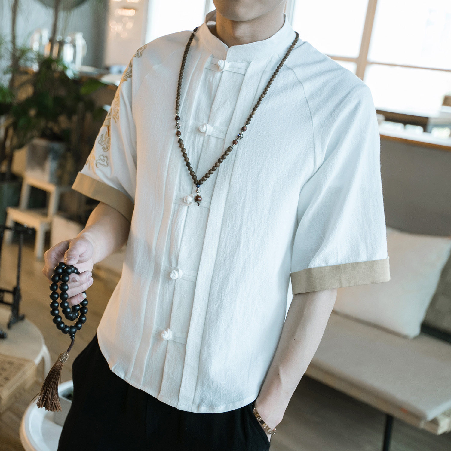 咖啡厅风男士短袖衬衫金龙刺绣衬衣白色A032/DS001/50控68,男装衬衫,电商A032