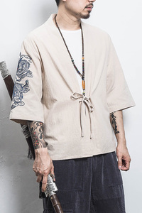 白墙 风夏装男士汉服龙刺绣开衫卡其色A032/KS002/50控68图片
