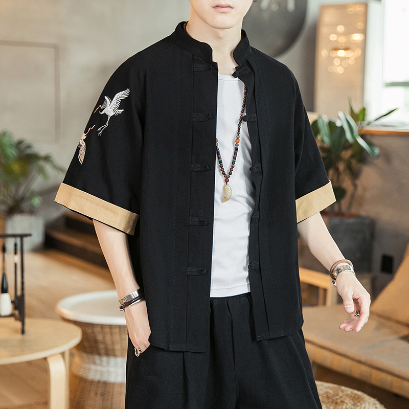咖啡厅风男士短袖衬衫仙鹤刺绣衬衣黑色A032/DS003/50控68，男装衬衫，电商A032