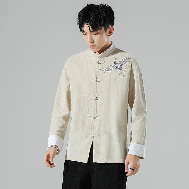 无影墙风春装男士撞色盘扣飞鹤图刺绣衬衫麻本色A032/C27/65,男装衬衫,电商A032