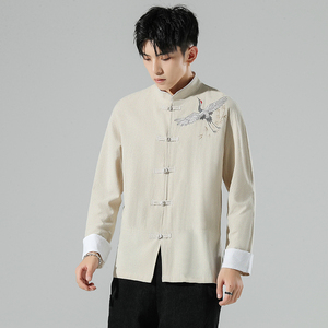 无影墙 风春装男士撞色盘扣飞鹤图刺绣衬衫麻本色A032/C27/65图片