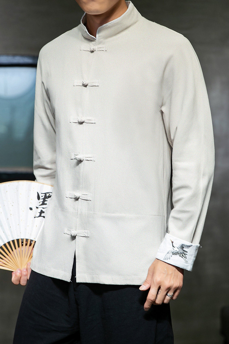 W基地风春装男士袖口鹤刺绣长袖衬衫麻本色A032/C23/55控68,男装衬衫,电商A032