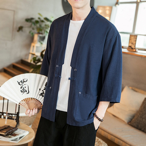 咖啡厅 风夏装七分袖开衫纯色汉服衬衣藏青色A032/1821/特P40图片