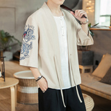 咖啡厅风夏装男士汉服龙刺绣开衫卡其色A032/KS002/50控68，男装衬衫，电商A032