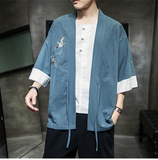 W基地风夏装男士汉服仙鹤刺绣开衫湖蓝色A032/KS003/50控68，男装衬衫，电商A032