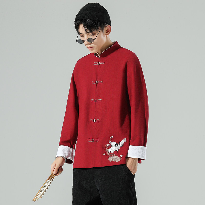 无影墙风春装男士衣脚鹤刺绣长袖衬衫红A032/C25/65控78,男装衬衫,电商A032