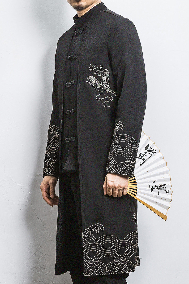 白墙风春装假两件风衣海浪仙鹤刺绣外套A032/1905/95控128,男装风衣,电商A032