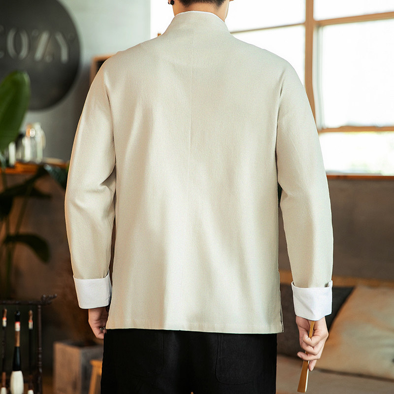 咖啡厅风春装男士胸前鹤刺绣长袖衬衫麻本A032/C22/55控68,男装衬衫,电商A032