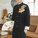 咖啡厅风春装男士胸前龙刺绣长袖衬衫黑色A032/C26/65控78，男装衬衫，电商A032