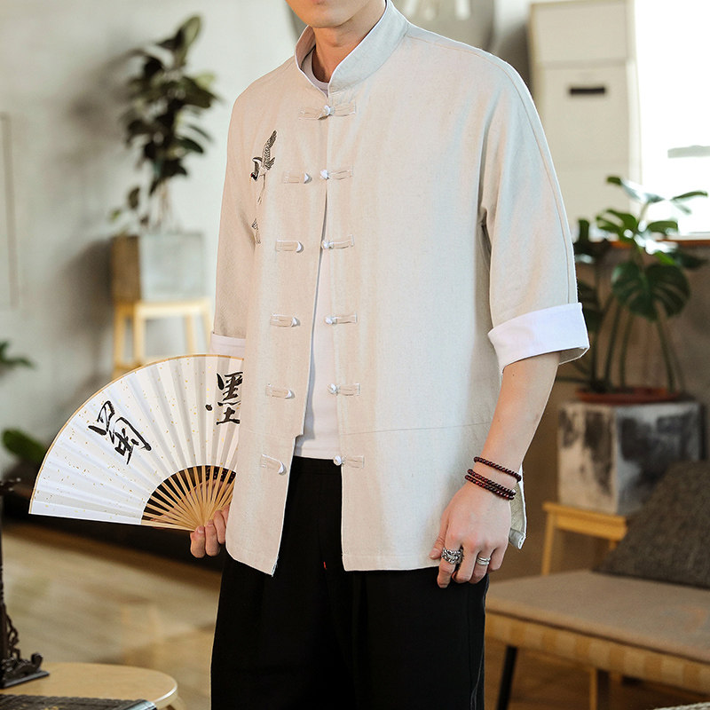 2022男士撞色扣子七分短袖衬衫胸前鹤刺绣麻本色A032/C63/55控68,男装衬衫,电商A032