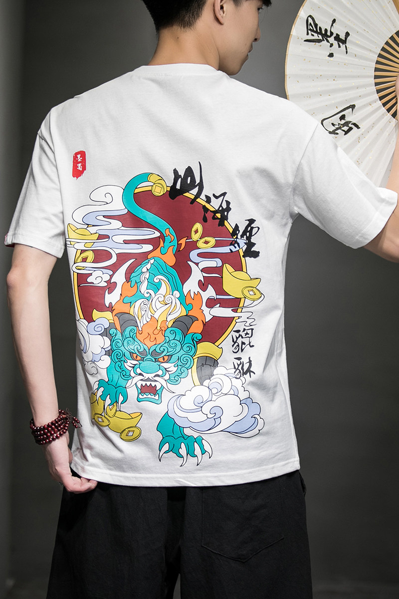 风夏装山海经系列情侣印花男士短袖T恤貔貅白色A032/T106/35,男装T恤,电商A032