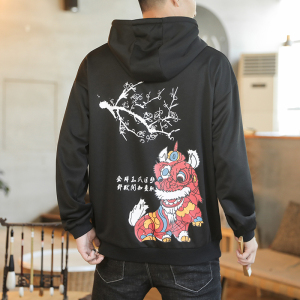 咖啡厅 风春装大码潮男士连帽卫衣舞狮印花黑色A032/W332/55图片