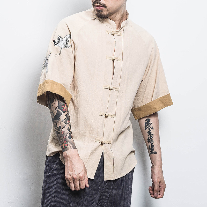 白墙风男士短袖衬衫仙鹤刺绣衬衣卡其A032/DS003/50控68,男装衬衫,电商A032
