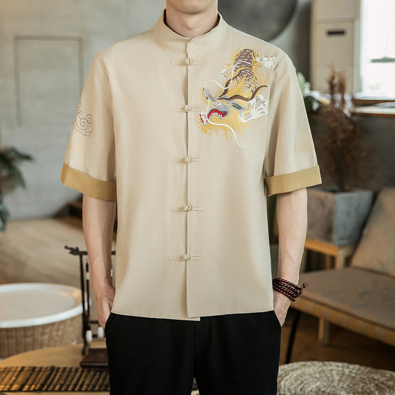 咖啡厅 风春装男士胸前龙刺绣短袖衬衫卡其  A032/C68/55控68图片