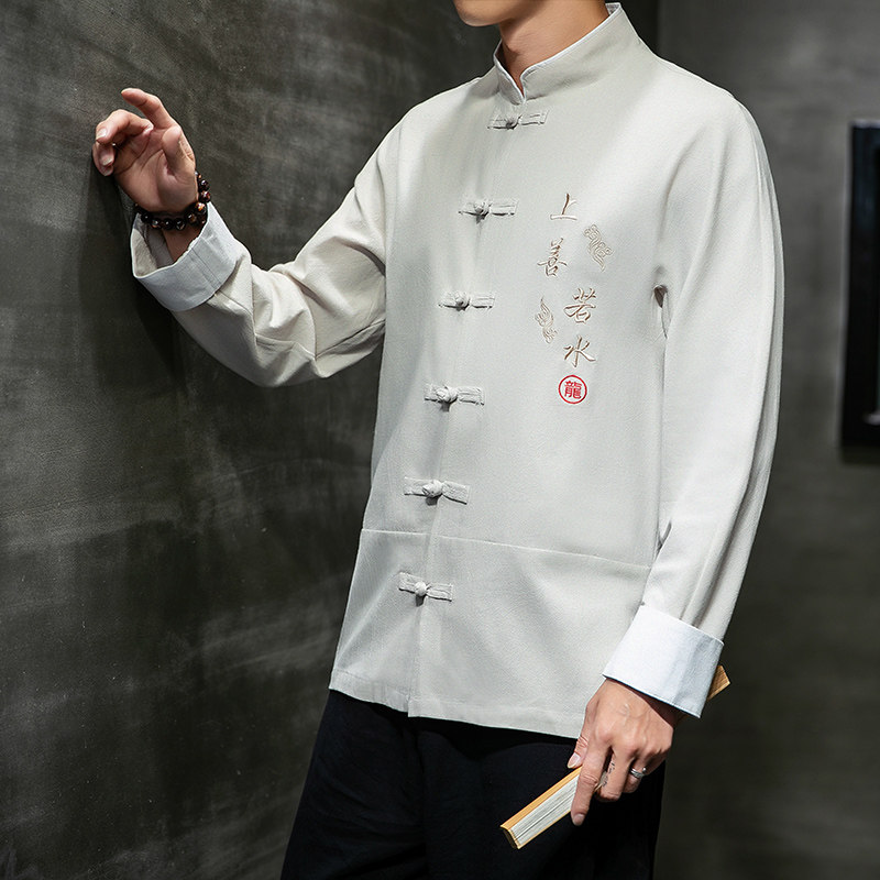 W基地风春装男士上善若水刺绣长袖衬衫麻米色A032/C21/55控68,男装衬衫,电商A032