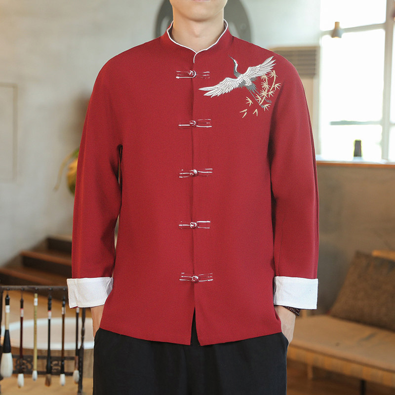 咖啡厅风春装男士撞色盘扣飞鹤图刺绣衬衫黑色A032/C27/65,男装衬衫,电商A032