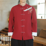 咖啡厅风春装男士撞色盘扣飞鹤图刺绣衬衫麻本色A032/C27/65，男装衬衫，电商A032
