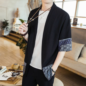 风黑色拼接七分袖棉麻男士汉服开衫 A032/1809/特P30图片