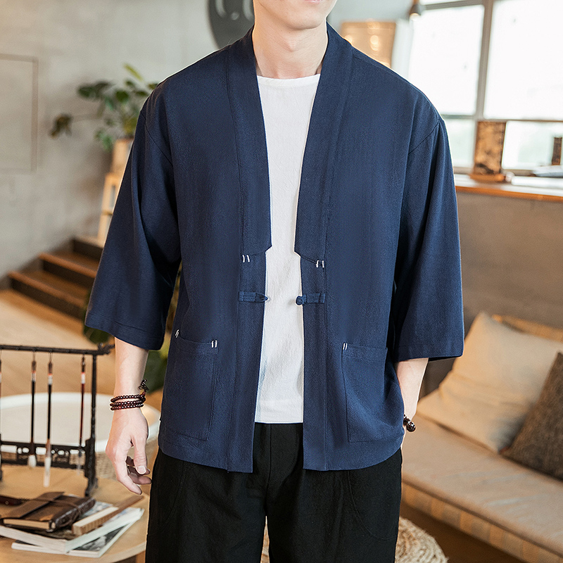 咖啡厅风夏装七分袖开衫纯色汉服衬衣藏青色A032/1821/特P40，男装衬衫，电商A032