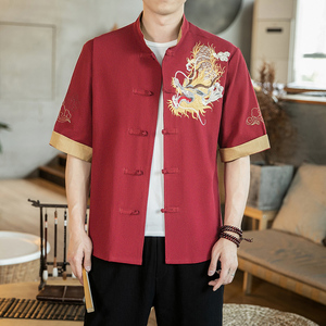 咖啡厅 风春装男士胸前龙刺绣短袖衬衫红色  A032/C68/55控68图片