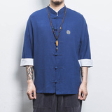 白墙风夏装男士七分袖衬衫棉麻短袖衬衣黑色A032/C66/55控68，男装衬衫，电商A032