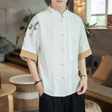 咖啡厅风男士短袖衬衫仙鹤刺绣衬衣白色A032/DS003/50控68，男装衬衫，电商A032
