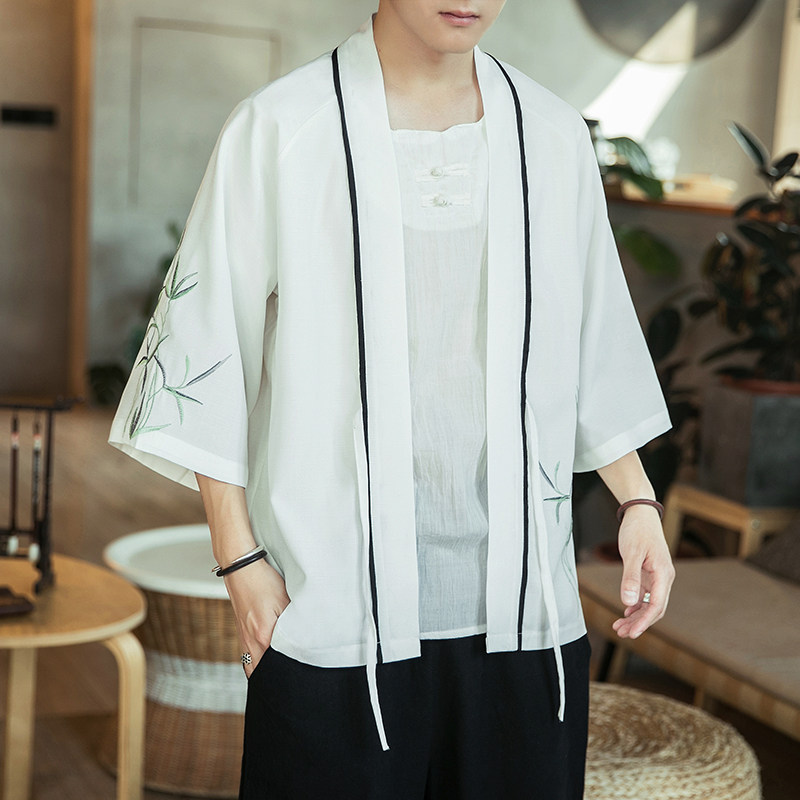 咖啡厅风竹子刺绣七分袖开衫汉服防晒衣黑A032/2205/50控68,男装衬衫,电商A032