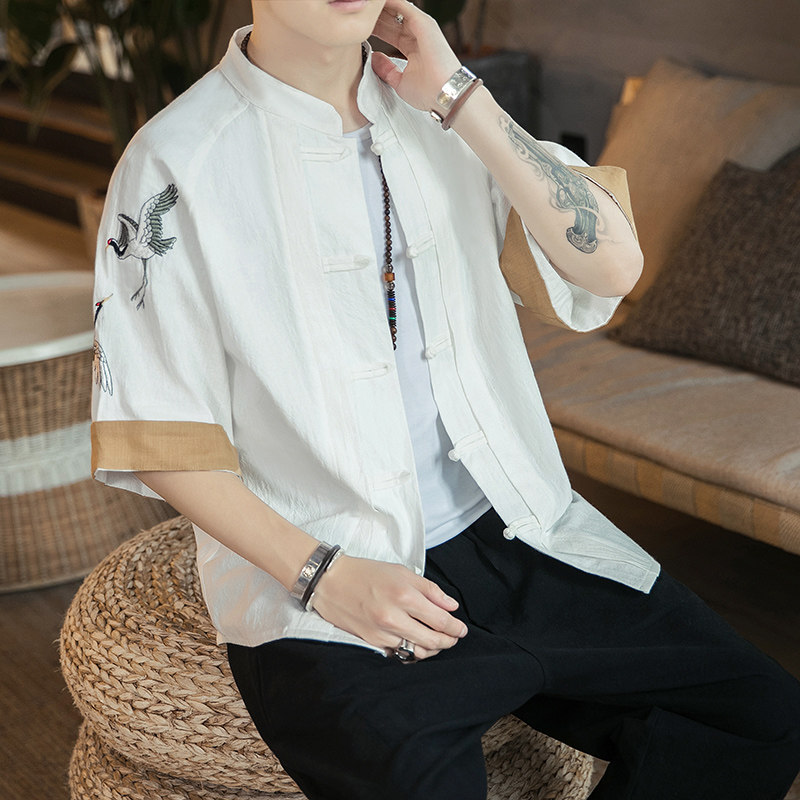 咖啡厅风男士短袖衬衫仙鹤刺绣衬衣卡其A032/DS003/50控68,男装衬衫,电商A032