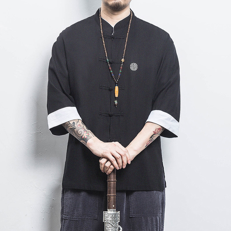 白墙风夏装男士七分袖衬衫棉麻短袖衬衣麻本A032/C66/55控68,男装衬衫,电商A032