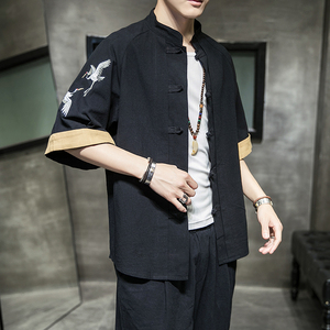 W基地风男士短袖衬衫仙鹤刺绣衬衣黑色A032/DS003/50控68