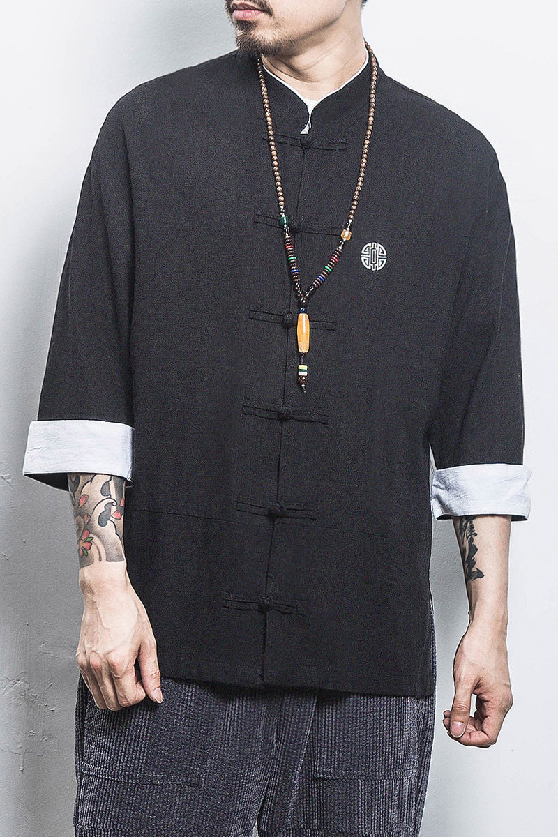 白墙风夏装男士七分袖衬衫棉麻短袖衬衣黑色A032/C66/55控68,男装衬衫,电商A032