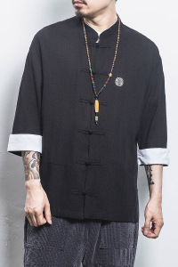 白墙风夏装 男士七分袖衬衫棉麻短袖衬衣黑色A032/C66/55控68图片