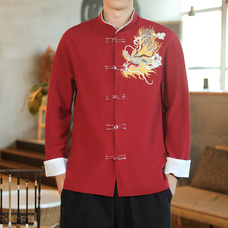 咖啡厅风春装男士胸前龙刺绣长袖衬衫麻本色A032/C26/65控78,男装衬衫,电商A032