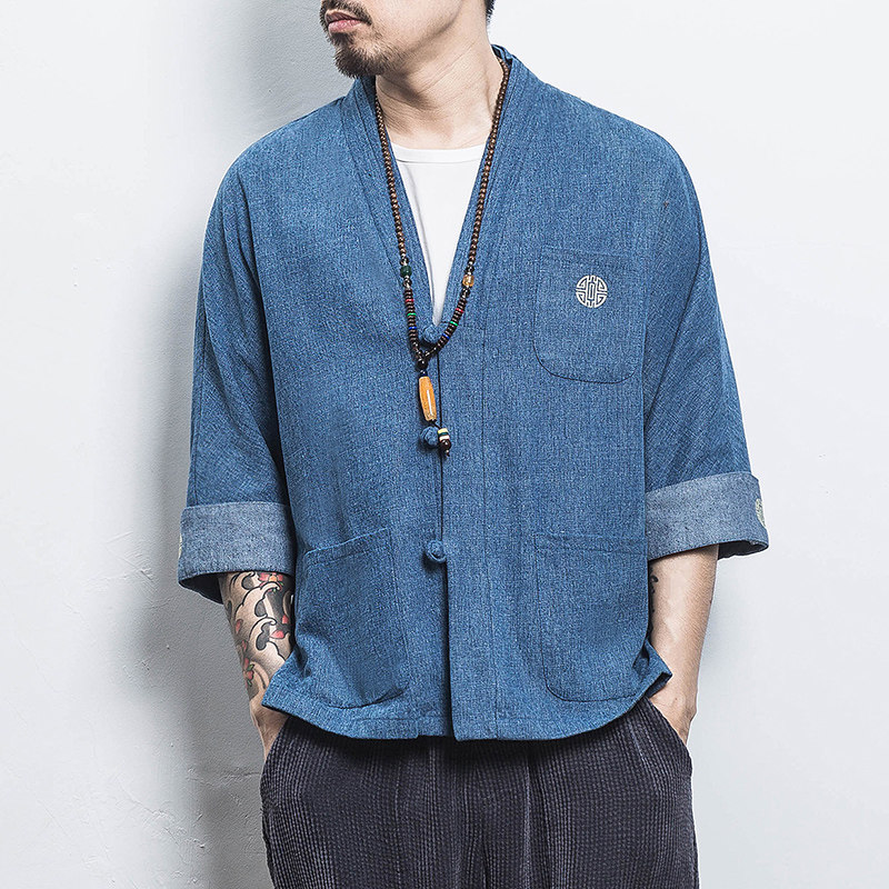 白墙风男士汉服开衫盘扣牛仔外套蓝色A032/KS001/65控78,男装衬衫,电商A032