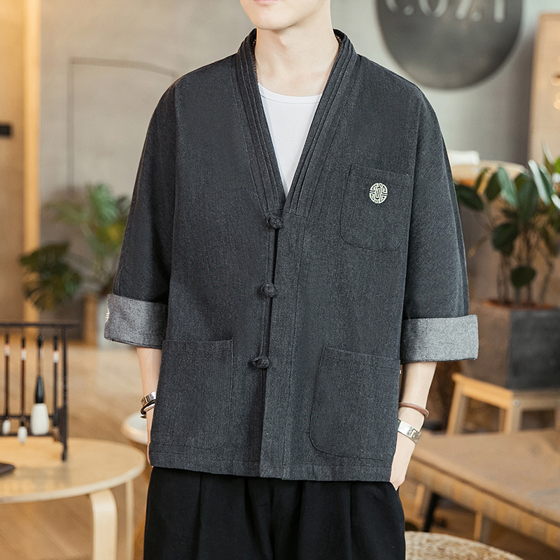 咖啡厅风男士汉服开衫盘扣牛仔外套黑色A032/KS001/65控78，男装衬衫，电商A032